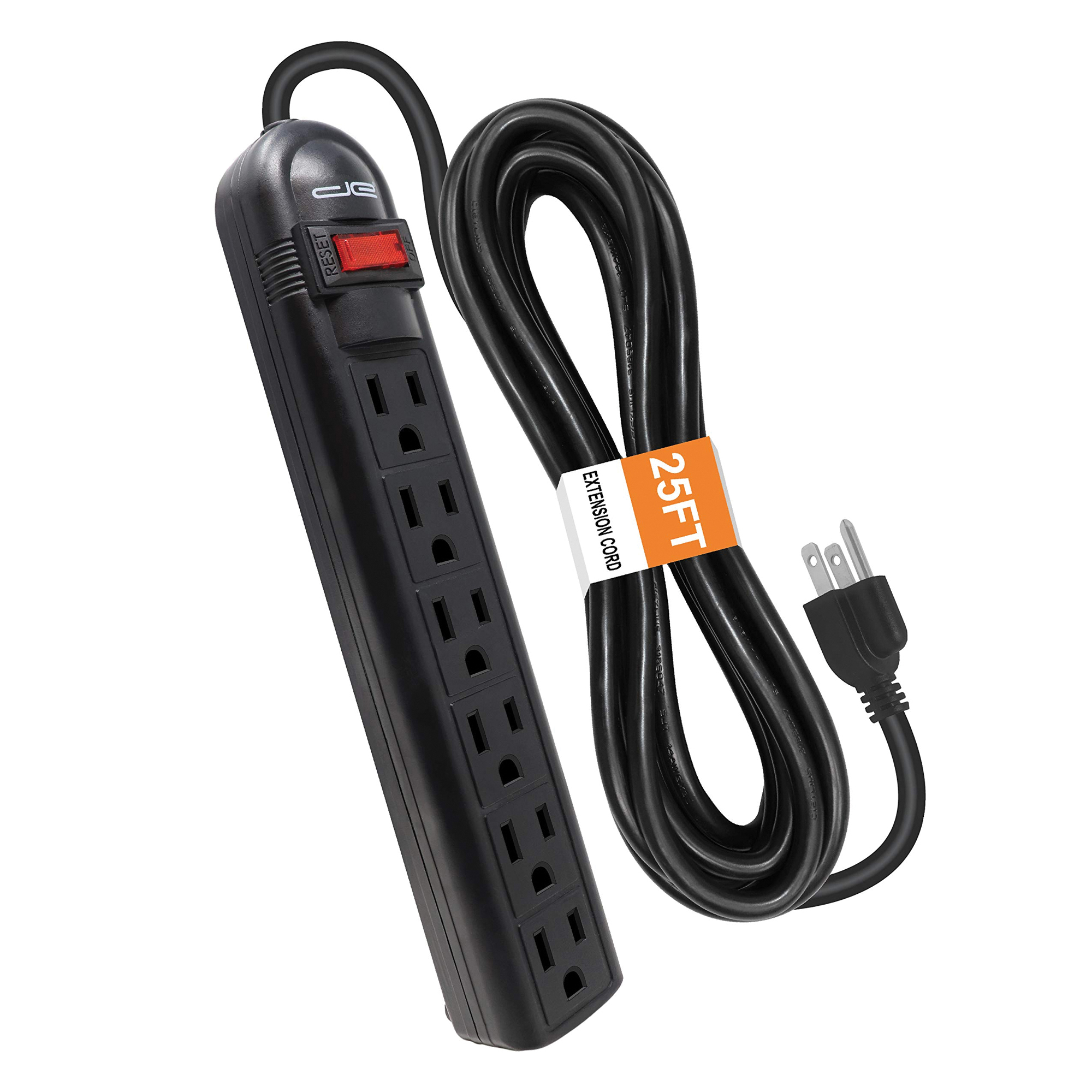 Digital Energy, 6-Outlet Surge Protector Power Strip, Black, Cord Length 25 ft, Cable Gauge 14/3 Amps 15 Model# DSS5-1013-BLK